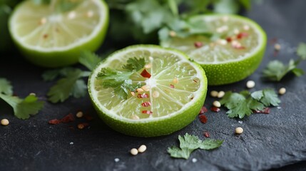 Chili pepper and lime slices styled on a dark stone surface with a hint of fresh coriander
