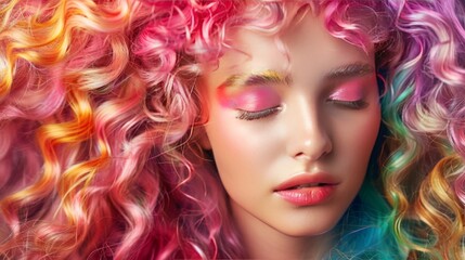 Fototapeta premium Young woman adorned in vibrant hair and makeup, fawncore vibes