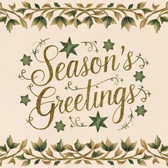 Obraz premium Festive Season's Greetings watercolor design template featuring elegant gold glitter typography and traditional green botanical leaf borders.