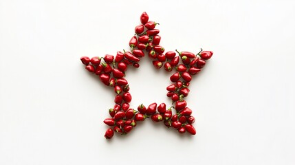 Chili peppers arranged in a star shape, isolated on a clean white background with subtle shadows