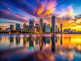 Fototapeta premium Stunning Golden Hour Twilight Cityscape of Perth: Skyscrapers Reflected in Calm Swan River Waters with Bokeh Effect and Motion Blur Enhancing Vibrant Colors