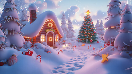 3D cartoon backdrop of a cozy house in snow with Christmas decorations and candy canes. Perfect winter wonderland scene with festive lights, snow-covered trees, and a decorated Christmas tree