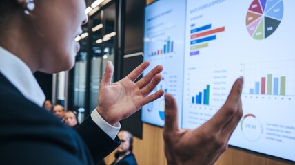 The employee conducting the presentation.  His hands point expressively at the screen, which displays a collection of colorful, informative charts and graphs. The audience is listening attentively.