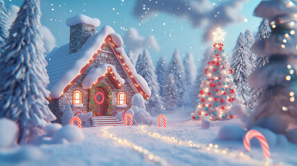 3D cartoon backdrop of a cozy house in snow with Christmas decorations and candy canes. Perfect winter wonderland scene with festive lights, snow-covered trees, and a decorated Christmas tree
