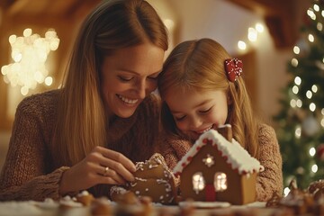 Mother and daughter joyfully decorate a gingerbread house amidst festive lights and holiday warmth in a cozy winter setting
