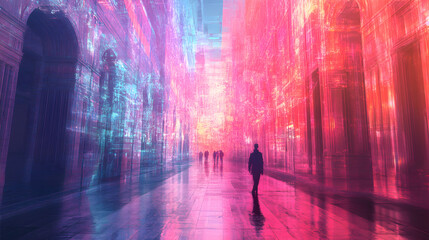 Cyberpunk Cityscape: Quantum Computation, Digital Architecture, Neon Glow, Futuristic Street, Virtual Reality