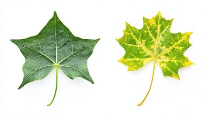 Fototapeta premium Contrasting green and yellow maple leaves on white background highlight vein patterns