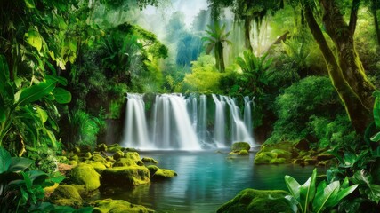 Obraz premium Emerald Cascade: A breathtaking vista of a cascading waterfall flows into a tranquil pool, encircled by lush, vibrant foliage, creating a paradise.