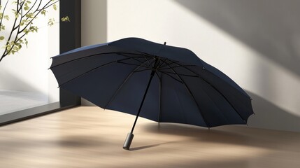 Fototapeta premium Elegant Navy Blue Umbrella, Stylish Rain Protection, Modern Design, Minimalist Photography