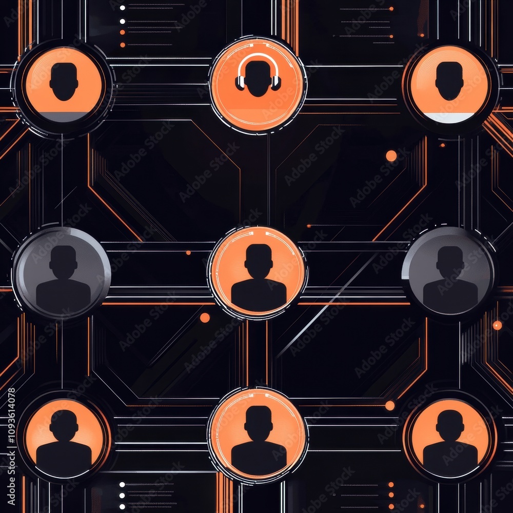 Poster cybernetic backdrop featuring orange and silver design with user icons. generative ai