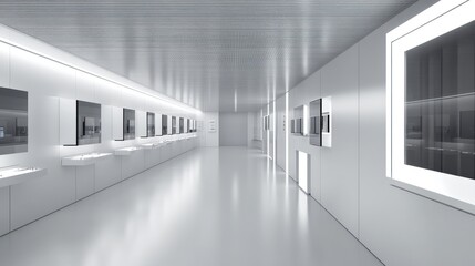 Obraz premium Modern Minimalist White Corridor Interior Design with Embedded Screens