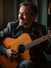 Obraz premium Smiling musician plays acoustic guitar indoors with warm lighting during a cozy afternoon