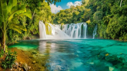 Cascading Oasis: A mesmerizing landscape showcasing a multi-tiered waterfall cascading into a crystal-clear turquoise pool, surrounded by lush tropical greenery.