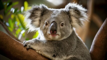 Obraz premium Koala's Gaze: A close-up shot of a charming koala bear perched in a tree, looking directly at the camera with its captivating eyes.