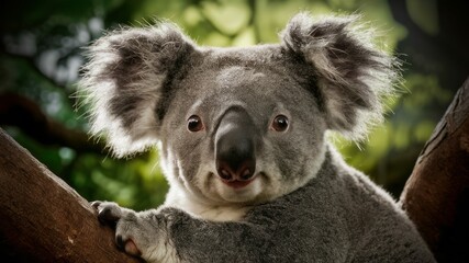 Koala's Serene Gaze: A charming koala perches on a tree branch, its soft grey fur blending with the natural background, and looks directly at the camera.