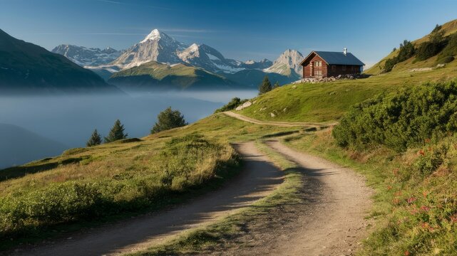 Road to Serenity: A winding dirt road leads towards a quaint cabin nestled atop a lush, green hillside, overlooking a tranquil lake and majestic mountain range.