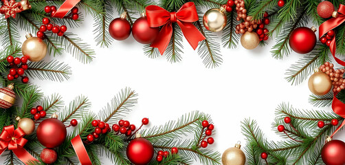 christmas frame with branches and decorations -copy space background 