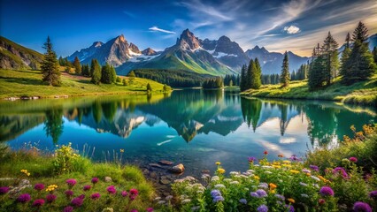 Fototapeta premium Stunning Landscape Photography Featuring Majestic Mountains, Serene Lakes, and Lush Greenery, Perfect for Nature Lovers and Outdoor Enthusiasts Seeking Scenic Views