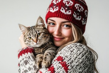 Cozy moments shared between a woman and her adorable striped cat, capturing warmth and affection during winter in a softly lit room