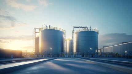 Obraz premium Industrial Sunset: Massive Storage Tanks at Dusk