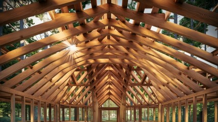 Fototapeta premium Wooden Architectural Framework: Captivating the intricate design of an architectural wooden framework, illuminated by rays of sunlight streaming through the surrounding foliage.