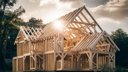 Fototapeta premium Building under Construction: Capturing the essence of new construction, showcasing the skeletal frame of a residential home under a warm, inviting sky.