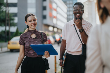 A diverse group of business professionals walking with smiles in an urban setting, reflecting...