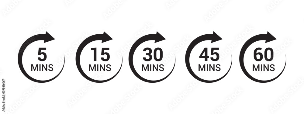 Aufkleber minute timer icons set. black signs chronometer, countdown timer showing minutes. deadline or recomm