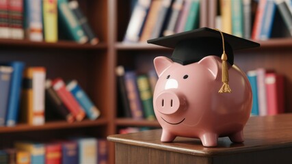 Piggy Bank with Graduation Cap: A piggy bank wearing a graduation cap sits atop a table in front of a blurred bookcase filled with books, symbolizing savings for education.