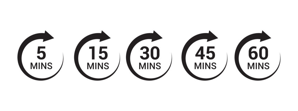 Minute timer icons set. black signs chronometer, Countdown timer showing minutes. Deadline or recommended, measurement for cooking. time counter. Vector illustration,