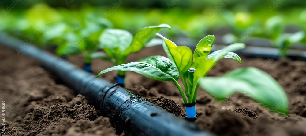 Poster a close-up of a sensor embedded in the soil of a field, part of a smart irrigation system that provi