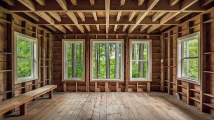 Fototapeta premium Rustic Interior with Windows: An inviting interior showcases exposed wooden beams, walls, and flooring, complemented by three large windows that frame a lush, verdant forest view and a rustic bench.