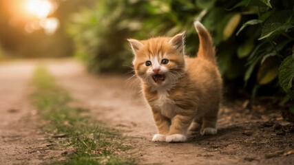 Little Feline's Call: A charming ginger kitten, with its mouth slightly ajar in a playful meow, struts confidently along a rustic path, flanked by verdant bushes.
