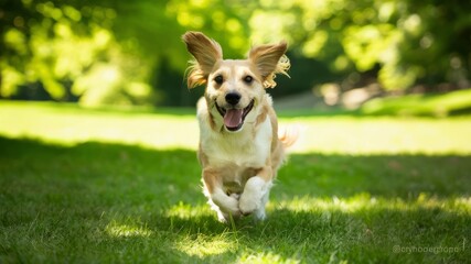 Joyful Dog in the Park: A happy dog dashes joyfully through a sun-dappled park, ears flying, tongue lolling, embodying pure canine glee and youthful energy.