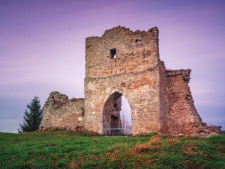 view to ruins of medieval castle with central tower and main gate on the hill in dawn twilight