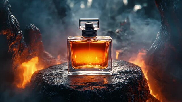 bottle of perfume on a stump, orange fire