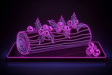 Fototapeta premium Neon Yule log cake with berries isolated on black background.