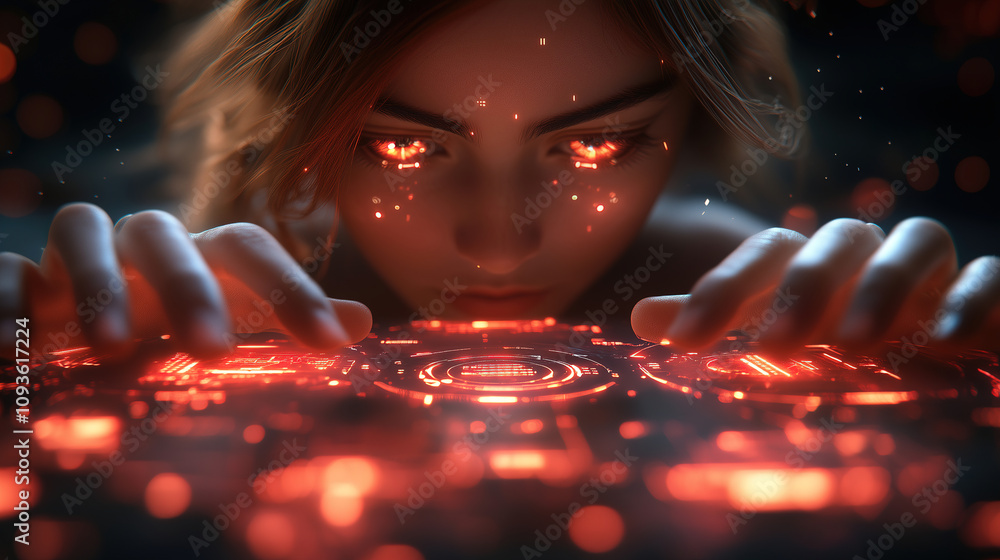 Aufkleber technological exploration at night with glowing interface and intense focus. generative ai