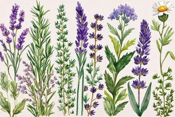 Naklejka premium Elegant Watercolor Herb Border Featuring Lavender Thyme and Chamomile for Invitations and Home Decor