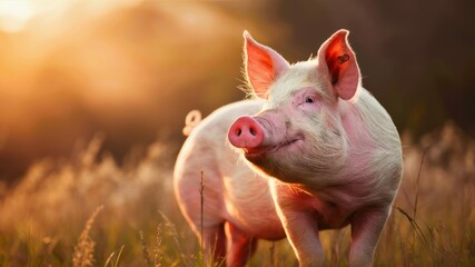 Golden Hour Piglet: Captivating portrait of a cheerful pig bathed in warm sunlight, exuding joy and contentment in a natural, rural setting.