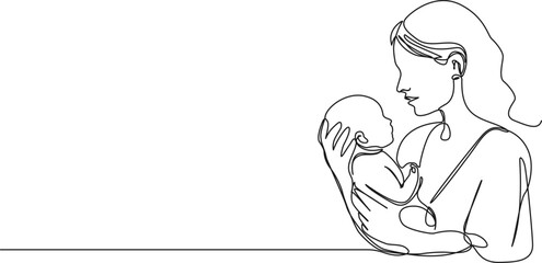 continuous single line drawing of mother holding newborn baby on arm, line art vector illustration