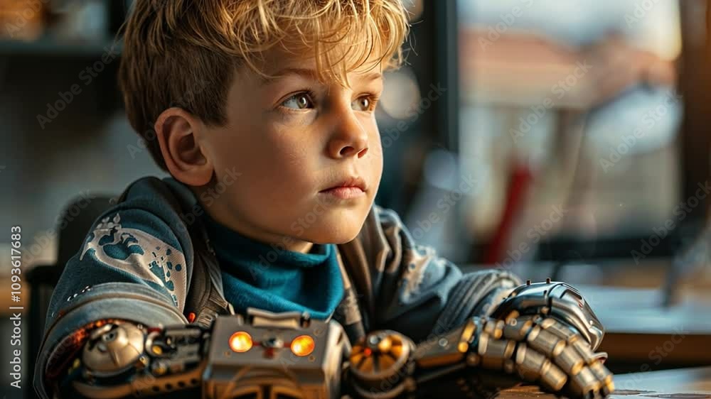 Aufkleber the boy, equipped with a futuristic robotic arm, sits at a table, looking thoughtfully out the windo
