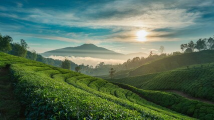 Fototapeta premium Sunrise over Tea Plantation: Rolling hills of vibrant green tea plants stretch towards a majestic mountain shrouded in mist, as the sun rises, casting a warm golden light over the landscape. 