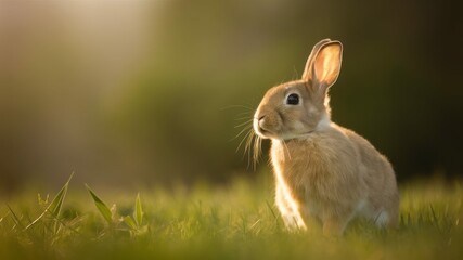 Fototapeta premium Fluffy Cottontail in Meadow: A charming bunny sits in the grass, with long ears perked and soft fur illuminated by a soft, natural light.