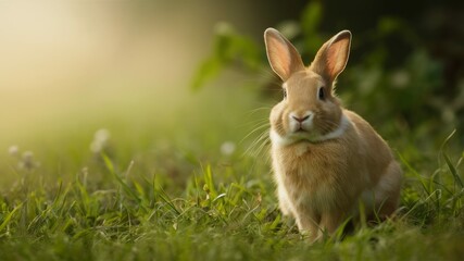 Fototapeta premium Bunny in Sunlight: A charming bunny rabbit, its fur gleaming in the soft glow of sunlight, sits amidst a vibrant green meadow, capturing the essence of spring