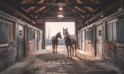 horse stable with horses in their stables inside an equestrian center, mare in barn