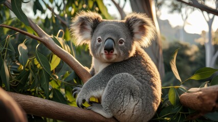 Fototapeta premium Koala in tree: Captivating image of a koala, nestled comfortably on a tree branch in its natural habitat, bathed in soft sunlight and surrounded by lush foliage.