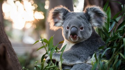 Obraz premium Koala Amidst Foliage: An endearing koala, nestled amongst vibrant green foliage, gazes towards the viewer under the warm embrace of sunlight