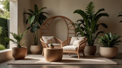 Here's a possible  and keyword list for your stock photo.. Serene patio oasis with rattan furniture, plants, and natural light.