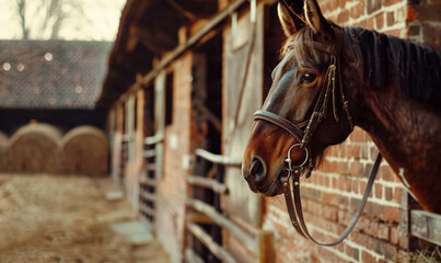 Fototapeta premium Horse stands in barn with hay around, enjoying a sunny afternoon in a peaceful village setting, surrounded by wooden stalls and rustic charm